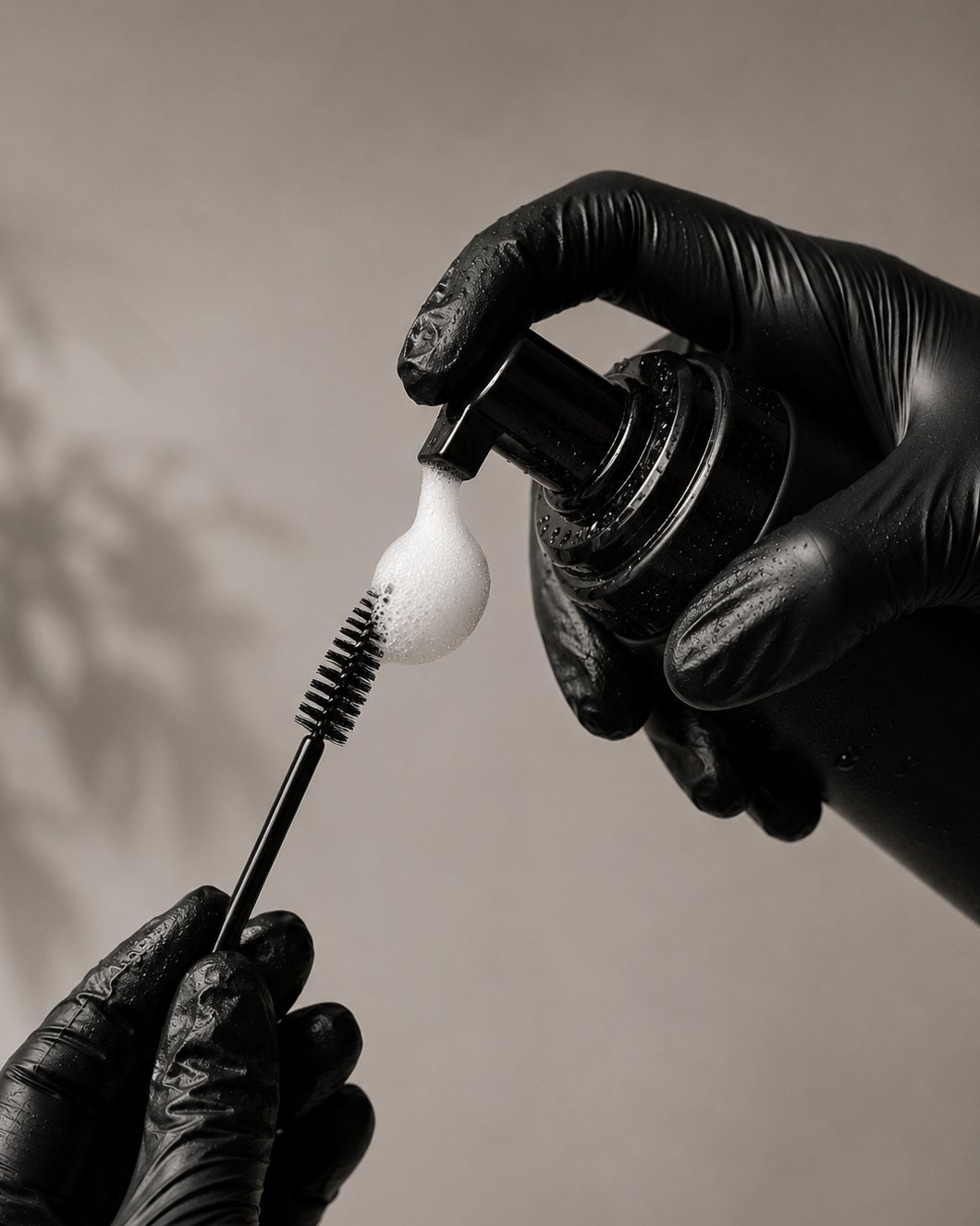 Schwarze Handschuhe dosieren Cleansing-Foam auf einen Spoolie – Werkzeuge und Handwerk im BROWS. Studio Hamburg