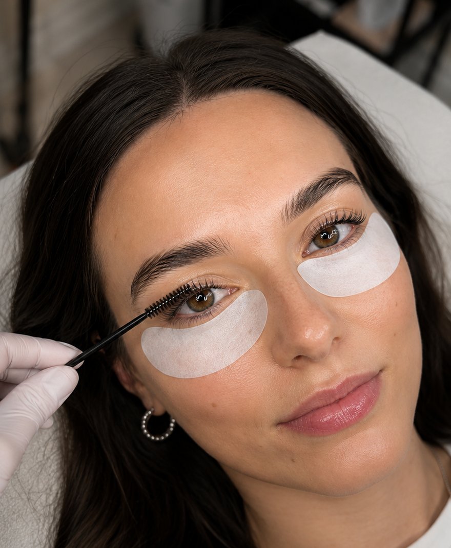 Lashlifting-Behandlung: Wimpern werden mit einem Spoolie aufgerichtet, mit Eye-Patches im BROWS. Studio Hamburg