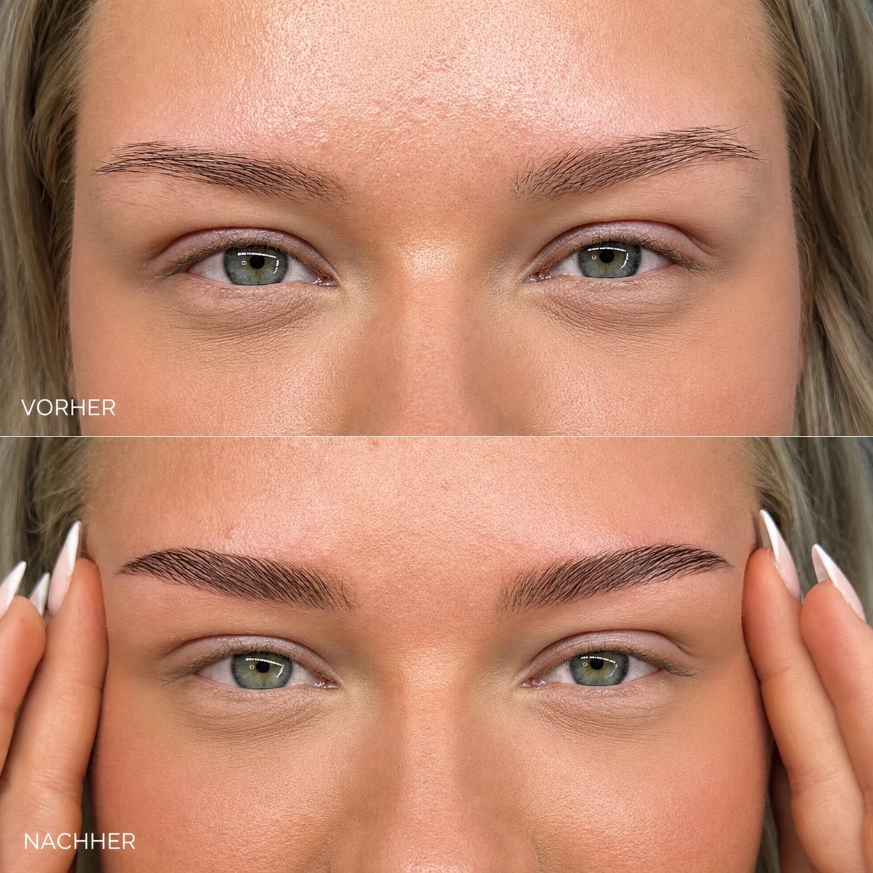 Vorher und Nachher: natürliche Augenbrauen vor und nach dem Styling bei BROWS. Hamburg